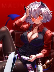 Rule 34 | 1girl, alcohol, black horns, black nails, black pantyhose, black skirt, black vest, blush, bottle, bracelet, breasts, cleavage, collarbone, collared shirt, commentary, controller, couch, demon girl, demon horns, demon tail, enma (enmanuelart), formal, game console, hair between eyes, hand on own head, helltaker, highres, holding, holding controller, horns, jewelry, large breasts, long sleeves, malina (helltaker), miniskirt, nail polish, on couch, pantyhose, playstation 5, playstation controller, red background, red eyes, red shirt, shirt, short hair, simple background, sitting, skirt, solo, tail, vest, waistcoat, wavy mouth, white hair