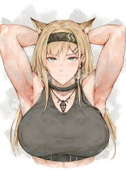 Rule 34 | 1girl, abs, animal ears, arknights, armpits, arms behind head, blonde hair, breasts, cat ears, covered erect nipples, green eyes, headband, horn (arknights), jewelry, large breasts, laserflip, muscular, muscular female, necklace, puffy nipples, steam, sweat