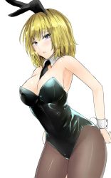 Rule 34 | 1girl, alice margatroid, alternate costume, animal ears, bare arms, bare shoulders, black necktie, blonde hair, blush, breasts, brown pantyhose, cleavage, commentary request, cowboy shot, detached sleeves, fake animal ears, fake tail, hair between eyes, highres, large breasts, leaning forward, leotard, lips, looking at viewer, necktie, one-hour drawing challenge, pantyhose, playboy bunny, purple eyes, rabbit ears, rabbit tail, shiny skin, short hair, simple background, solo, standing, tail, thighs, touhou, white background, wrist cuffs, y2