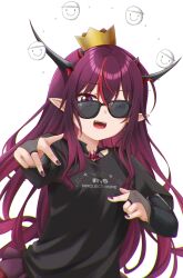 Rule 34 | 1girl, absurdres, black gloves, black shirt, crooked eyewear, crown, elbow gloves, gloves, highres, hololive, hololive english, horns, irys (hololive), jan azure, long hair, looking at viewer, mini crown, multicolored hair, open mouth, partially fingerless gloves, purple eyes, purple hair, purple nails, red hair, shirt, short sleeves, simple background, smile, solo, sunglasses, teeth, upper teeth only, virtual youtuber, white background