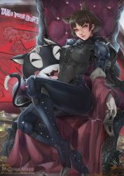 Rule 34 | 1girl, absurdres, animal ears, bodysuit, braid, breasts, brown hair, cat, cat ears, crown braid, highres, lips, map, mask, meister staze, morgana (persona 5), niijima makoto, nose, persona, persona 5, red eyes, short hair, shoulder spikes, solo, spiked kneepads, spikes, throne