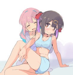 Rule 34 | 2girls, arm support, ass, bare shoulders, black hair, blue buruma, blue coat, blue hair, blue sports bra, blush, breasts, brown hair, buruma, cleavage, closed eyes, closed mouth, coat, collarbone, earrings, hair ornament, hair ribbon, hairclip, hands on another&#039;s arms, highres, hozuki kaede, jewelry, long hair, multicolored hair, multiple girls, murairamuraiari, navel, necklace, onii-chan wa oshimai!, open mouth, oyama mihari, pearl necklace, pink hair, purple hair, red ribbon, ribbon, sitting, small breasts, sports bra, thighs, twintails, two-tone hair