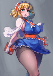 Rule 34 | 1girl, alice margatroid, ascot, black pantyhose, blonde hair, blue dress, blue eyes, breasts, capelet, commentary request, dress, enajii, frilled ascot, frills, grimoire of alice, hairband, highres, large breasts, lolita hairband, pantyhose, puffy short sleeves, puffy sleeves, red ascot, red hairband, short hair, short sleeves, solo, thighband pantyhose, thighs, touhou