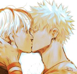 Rule 34 | 2boys, adam&#039;s apple, artist name, bakugou katsuki, black shirt, blonde hair, boku no hero academia, closed eyes, closed mouth, colored eyelashes, couple, ear piercing, earrings, eyebrows, eyelashes, fingernails, forehead-to-forehead, hair between eyes, hand on another&#039;s cheek, hand on another&#039;s face, hand on another&#039;s head, hands in hair, heads together, highres, jewelry, kiss, lips, male focus, moltiemoltie, multicolored hair, multiple boys, orange shirt, pale skin, piercing, profile, red hair, shirt, short hair, spiked hair, todoroki shouto, twitter username, two-tone hair, watermark, white background, white hair, wristband, yaoi