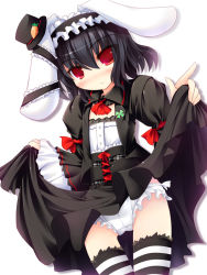 Rule 34 | 1girl, ai takurou, alternate color, alternate costume, animal ears, black dress, black hair, clothes lift, dress, dress lift, female focus, flat chest, goth fashion, hat, inaba tewi, looking at viewer, mini hat, mini top hat, panties, rabbit ears, red eyes, ribbon, short hair, simple background, solo, striped clothes, striped thighhighs, thighhighs, top hat, touhou, underwear, white background