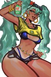 1girl absurdres aqua_eyes aqua_hair bikini bikini_under_clothes blue_bikini bracelet brazilian_flag_print brazilian_miku breasts can cowboy_shot crop_top dark-skinned_female dark_skin earrings eyewear_on_head flower green_nails grin hair_flower hair_ornament half-closed_eyes hatsune_miku highres holding holding_can jewelry lips long_hair looking_at_viewer medium_breasts multicolored_nails multiple_bracelets navel open_fly peter_chai shirt short_shorts short_sleeves shorts sideways_glance simple_background smile solo sunglasses swimsuit tan tanline twintails up_sleeve very_long_hair vocaloid wavy_hair white_background yellow_nails yellow_shirt