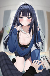 Rule 34 | 1boy, 1girl, absurdres, ahoge, black hair, black skirt, blue eyes, blue jacket, blurry, blurry background, breasts, cellphone, censored, cleavage, closed mouth, commentary request, highres, holding, holding mask, holding phone, indoors, jacket, large breasts, long hair, long sleeves, looking at viewer, mask, mole, mole under eye, mosaic censoring, original, phone, pleated skirt, pov, skirt, thighs, uiri-na, white mask