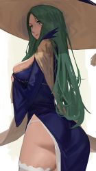 Rule 34 | 1girl, ass, back, blue dress, breasts, dress, female focus, fire emblem, fire emblem: three houses, fire emblem heroes, forehead, green eyes, green hair, halloween, halloween costume, hat, highres, j@ck, large breasts, long hair, long sleeves, looking at viewer, looking back, matching hair/eyes, nintendo, official alternate costume, panties, parted bangs, rhea (fire emblem), solo, underwear, white panties, wide sleeves, witch, witch hat