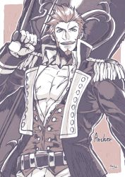 Rule 34 | 1boy, belt, brown hair, cannon, epaulettes, facial hair, fate/grand order, fate (series), goatee, highres, jacket, long sideburns, male focus, military jacket, napoleon bonaparte (fate), open clothes, open shirt, over shoulder, pectoral cleavage, pectorals, scar, sideburns, signature, solo, takatsuki ichi, weapon, weapon over shoulder