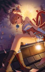 Rule 34 | 1girl, 2022, absurdres, arm on thigh, arm tattoo, blonde hair, boots, cherry blossoms, chest sarashi, closed mouth, falling petals, fireworks, genshin impact, high ponytail, highres, holding, holding fireworks, jewelry, looking at viewer, midriff sarashi, necklace, on roof, outdoors, petals, rope, sarashi, shimenawa, sitting, smile, solo, sparkler, tattoo, tile roof, tree, yarn (yarn 03), yoimiya (genshin impact)