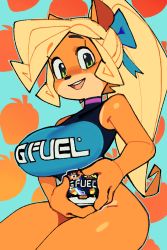 Rule 34 | 1girl, alternate breast size, animal nose, blonde hair, blue bow, body fur, bow, breasts, choker, coco bandicoot, crash bandicoot (series), furry, furry female, gfuel, green eyes, hair bow, holding, invisible chair, large breasts, long hair, orange fur, ponytail, product placement, purple choker, race queen, sitting, smile, solo, teeth, two-tone fur, two-tone leotard, upper teeth only, wamudraws