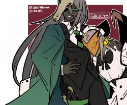 Rule 34 | 1boy, 1girl, alternate costume, artist name, bell, black bow, black vest, bow, coat, coat on shoulders, crossdressing, dark-skinned female, dark skin, dated, enmaided, green eyes, green necktie, grey hair, grin, hair over one eye, hand on own hip, jewelry, jingle bell, kunai, maid, maid headdress, mask, necktie, red background, ring, simple background, skull on head, slay the spire, smile, the ironclad, the silent, vest, weapon, white background, whitose, yellow eyes
