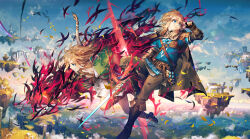 Rule 34 | 2boys, archaic set (zelda), aura, blonde hair, boots, bow (weapon), cloak, cloud, dual persona, floating island, glowing arm, holding, holding sword, holding weapon, link, midair, multiple boys, nintendo, pointy ears, scorpion5050, serious, sword, the legend of zelda, the legend of zelda: tears of the kingdom, weapon