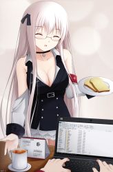 Rule 34 | 1boy, 1girl, :d, ^ ^, armpit crease, bare shoulders, belt, black choker, black dress, black ribbon, blush, bread slice, breasts, buttons, calendar (object), choker, cleavage, closed eyes, collarbone, commander (girls&#039; frontline), computer, cross, cross choker, cup, detached sleeves, double-breasted, dress, drink, food, girls&#039; frontline, glasses, hair ribbon, highres, holding, holding plate, kar98k (girls&#039; frontline), keenh, laptop, long hair, long sleeves, medium breasts, monitor, mug, open mouth, plate, ribbon, saucer, semi-rimless eyewear, sidelocks, smile, solo focus, standing, steam, toast, very long hair, white hair, wing collar