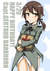 Rule 34 | 1girl, bad id, bad pixiv id, brown eyes, brown hair, dakku (ogitsune), gertrud barkhorn, gift, happy birthday, holding, holding gift, long hair, military, military uniform, panties, solo, strike witches, twintails, underwear, uniform, world witches series