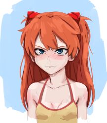Rule 34 | 1girl, bare shoulders, blue eyes, blush, breasts, closed mouth, collarbone, crying, dress, drooling, interface headset, kurokimoko, long hair, looking at viewer, neon genesis evangelion, orange hair, runny nose, saliva, small breasts, snot, solo, souryuu asuka langley, streaming tears, tan, tanline, tears, upper body, yellow dress