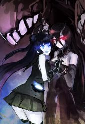 Rule 34 | 10s, 2girls, abyssal ship, bad id, bad pixiv id, bare shoulders, battleship water oni, black hair, black skirt, blue eyes, bridal gauntlets, collar, crossed bangs, cuffs, dress, frown, hair bun, holding hands, horns, kantai collection, light cruiser oni, long hair, looking at viewer, miniskirt, multiple girls, one eye closed, red eyes, single hair bun, single horn, skirt, smile, translation request, weasel (close-to-the-edge)