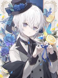 Rule 34 | 1boy, alcohol, black hat, blue flower, blue ribbon, blue rose, champagne, child, closed mouth, commentary, english commentary, flower, food, fruit, hair between eyes, hat, highres, lapels, lemon, lemon slice, looking at viewer, male focus, namiki itsuki, notched lapels, original, purple eyes, ribbon, rose, short hair, top hat, white hair