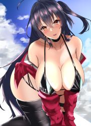 Rule 34 | 1girl, absurdres, azur lane, bare shoulders, bikini, black bikini, black choker, black hair, black thighhighs, blue sky, breasts, choker, cloud, commentary request, core1013, highres, jacket, large breasts, long hair, looking at viewer, multi-strapped bikini bottom, off-shoulder jacket, off shoulder, official alternate costume, open clothes, open jacket, race queen, red eyes, red jacket, sky, solo, swimsuit, taihou (azur lane), taihou (enraptured companion) (azur lane), thighhighs