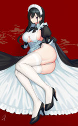 Rule 34 | 1girl, apron, ass, black dress, black footwear, black gloves, black hair, breasts, clothing cutout, dress, earrings, garter straps, gloves, hayabusa, high heels, highres, jewelry, juliet sleeves, large breasts, long hair, long sleeves, looking at viewer, maid headdress, mole, mole on breast, mole under eye, mole under mouth, original, panties, puffy sleeves, purple eyes, red background, sideboob, solo, thighhighs, underboob, underboob cutout, underwear, white panties, white thighhighs