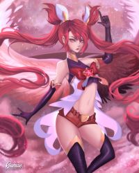 Rule 34 | 1girl, alternate costume, alternate hair color, elbow gloves, gloves, jinx (league of legends), league of legends, lipstick, long hair, magical girl, makeup, red hair, shorts, solo, star guardian (league of legends), star guardian jinx, thighhighs, twintails, very long hair, wings