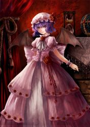Rule 34 | 1girl, ascot, bat wings, bow, colored eyelashes, corset, curtains, dress, embellished costume, eyelashes, female focus, flower, frills, hat, hourglass, large bow, pink dress, purple hair, red eyes, remilia scarlet, ribbon, rope, rose, short hair, smile, solo, touhou, vampire, vetina, wings, wrist cuffs