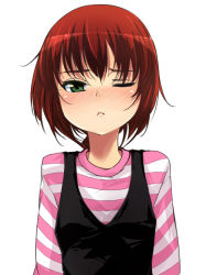 Rule 34 | 1girl, :&lt;, blush, darker than black, face, green eyes, mune, one eye closed, pout, red hair, simple background, solo, striped, suou pavlichenko, wink