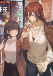 Rule 34 | 2girls, black hair, black pants, blunt bangs, blush, bra, bra peek, brand name imitation, breasts, brown eyes, brown hair, cleavage, coffee, commentary request, couple, dating, duplicate, earrings, frappuccino, height difference, highres, indirect kiss, jacket, jacket on shoulders, jewelry, long hair, mashuu (neko no oyashiro), multiple girls, necklace, oomikado aoi, original, pants, pixel-perfect duplicate, purple eyes, size difference, sweater, tall female, turtleneck, turtleneck sweater, underwear, yuri
