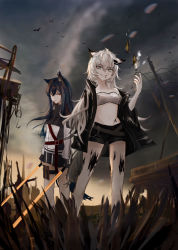 Rule 34 | 2girls, animal ears, arknights, bandeau, bare legs, bare shoulders, black hair, black shorts, breasts, brown eyes, commentary, dual wielding, english commentary, gloves, grey eyes, grin, hair between eyes, hair ornament, hairclip, hand up, highres, holding, holding sword, holding weapon, holster, jacket, lappland (arknights), long hair, long sleeves, looking at viewer, material growth, midriff, multiple girls, navel, off shoulder, open clothes, open jacket, oripathy lesion (arknights), outdoors, scar, scar across eye, scar on face, short shorts, shorts, silver hair, small breasts, smile, standing, stomach, strapless, sword, texas (arknights), thigh holster, tube top, weapon, white gloves, white jacket, wolf ears, yeyarongbing