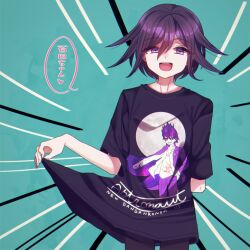 1boy alternate_costume aqua_background arm_behind_back commentary_request copyright_name danganronpa_(series) danganronpa_v3:_killing_harmony flipped_hair hair_between_eyes heart holding holding_shirt holding_unworn_clothes looking_at_viewer male_focus momota_kaito nekoshin_kagari oma_kokichi open_mouth oversized_clothes oversized_shirt partial_commentary print_shirt purple_eyes purple_hair shirt short_hair simple_background smile solo speech_bubble spoken_heart translation_request upper_body