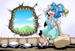 Rule 34 | 1girl, blue dress, blue hair, commentary, cross-laced footwear, dress, closed eyes, flower, hair ornament, hair stick, hammer, hole in wall, kaku seiga, open mouth, puffy short sleeves, puffy sleeves, rubble, shinapuu, short sleeves, smile, socks, solo, sweat, touhou, vest, wall, white vest