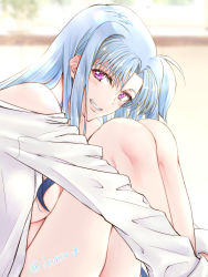 Rule 34 | 1girl, absurdres, bare shoulders, blue hair, blush, breasts, commentary request, highres, large breasts, leonis g, long hair, looking at viewer, lyrical nanoha, mahou shoujo lyrical nanoha, mahou shoujo lyrical nanoha a&#039;s, mahou shoujo lyrical nanoha a&#039;s portable: the battle of aces, levi the slasher, naked shirt, open clothes, open shirt, purple eyes, shirt, sitting, smile, solo, twitter username, white shirt