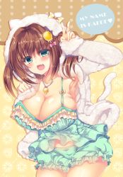Rule 34 | 1girl, :d, animal hood, aoki kaede, armpits, blush, bow, breasts, brown hair, camisole, cleavage, cowboy shot, english text, fang, green eyes, hair bow, hair ornament, hood, hoodie, jewelry, large breasts, leaning forward, long sleeves, looking at viewer, open mouth, original, pendant, pink bow, polka dot, polka dot background, smile, solo, speech bubble, suzunone rena, underwear, underwear only, v, yellow bow