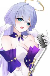 Rule 34 | 1girl, breasts, cleavage, collar, commentary request, detached collar, detached sleeves, dress, facial mark, gloves, green eyes, head tilt, head wings, highres, honkai: star rail, honkai (series), large breasts, long hair, looking at viewer, open mouth, purple collar, purple hair, robin (honkai: star rail), simple background, solo, strapless, strapless dress, upper body, very long hair, white background, white dress, white gloves, wings, zerotwenty (020)