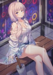 Rule 34 | 1girl, absurdres, alternate costume, azur lane, bare shoulders, bench, blue skirt, blue umbrella, blunt bangs, blush, breasts, bus stop, cleavage, closed mouth, closed umbrella, commentary request, crossed legs, feet out of frame, fingernails, highres, huge filesize, hyonee, illustrious (azur lane), japanese clothes, kimono, large breasts, long hair, long sleeves, looking at viewer, medium breasts, off shoulder, oil-paper umbrella, on bench, purple eyes, rain, silver hair, single hair intake, sitting, skirt, sleeves past wrists, smile, solo, umbrella, very long hair, white kimono, wide sleeves