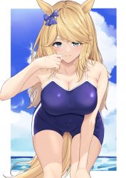 Rule 34 | 1girl, alternate costume, animal ears, blonde hair, blue eyes, bow, breasts, covered navel, fuurin restia, gold city (umamusume), highres, horse ears, horse tail, large breasts, leaning forward, long hair, ocean, one-piece swimsuit, school swimsuit, smile, swimsuit, tail, umamusume, wet