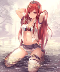Rule 34 | 10s, 1girl, :p, arms up, arriet (shingeki no bahamut), bikini, breasts, brown eyes, cleavage, granblue fantasy, hair ornament, highres, kneeling, medium breasts, navel, official art, outdoors, partially submerged, red hair, shingeki no bahamut, sidelocks, single thighhigh, solo, striped bikini, striped clothes, swimsuit, tachikawa mushimaro, thigh strap, thighhighs, tongue, tongue out, vertical-striped bikini, vertical-striped clothes, white bikini, white thighhighs, wristband