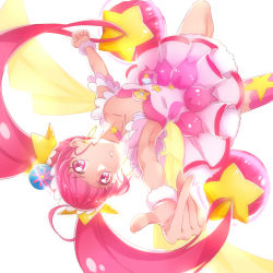 Rule 34 | 1girl, back bow, backlighting, bare arms, blunt bangs, bow, choker, cure star, dress, hair ornament, highres, hoshina hikaru, long hair, looking at viewer, magical girl, nijigami rin, petticoat, pink choker, pink dress, pink eyes, pink hair, pink thighhighs, precure, short dress, simple background, single thighhigh, solo, star (symbol), star choker, star hair ornament, star twinkle precure, thighhighs, twintails, upside-down, white background, wrist cuffs, yellow bow