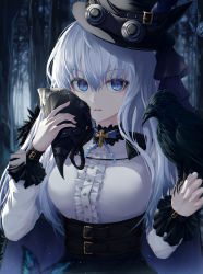 Rule 34 | 1girl, animal, animal on hand, bad id, bad pixiv id, belt, belt buckle, bird, bird on hand, black belt, black hat, black skirt, blue eyes, blue hair, blurry, blurry background, breasts, buckle, bug, butterfly, center frills, cross, crow, depth of field, feathers, forest, frills, goggles, goggles on headwear, h2o (dfo), hair between eyes, hat, hat feather, high-waist skirt, highres, holding, holding mask, insect, latin cross, long hair, long sleeves, looking at viewer, mask, medium breasts, nature, original, parted lips, purple feathers, shirt, skirt, solo, tilted headwear, unworn mask, upper body, v-shaped eyebrows, white shirt