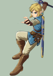 Rule 34 | 1boy, belt, blonde hair, blue eyes, blue shirt, boots, brown pants, commentary request, earrings, fingerless gloves, frown, gloves, grey background, highres, holding, holding sword, holding weapon, jewelry, knee boots, leather, leather boots, link, master sword, medium hair, nemui333, nintendo, pants, pointy ears, scabbard, sheath, shirt, shoulder belt, simple background, solo, sword, the legend of zelda, the legend of zelda: breath of the wild, unsheathed, weapon