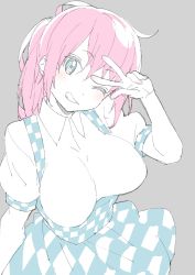 Rule 34 | 1girl, absurdres, bad id, bad twitter id, blue eyes, breasts, collared shirt, donguri suzume, grey background, grin, head tilt, high-waist skirt, highres, large breasts, looking at viewer, one eye closed, pale color, pink hair, ponytail, shirt, short sleeves, simple background, skirt, smile, solo, suspender skirt, suspenders, upper body, v, v over eye, white shirt, wing collar