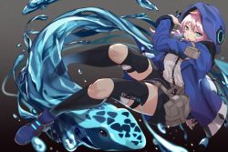 Rule 34 | 1girl, arknights, between fingers, black choker, black shorts, black socks, blue eyes, blue footwear, blue jacket, blue poison (arknights), blue poison (elite ii) (arknights), bow (weapon), breasts, choker, commentary request, crossbow, dart, endou (zettai bluenoid), frog, grey background, hair between eyes, holding, holding crossbow, holding dart, holding weapon, hood, hooded jacket, jacket, long hair, long sleeves, looking at viewer, low twintails, medium breasts, open mouth, partial commentary, pink hair, pouch, shirt, shoes, shorts, socks, solo, twintails, weapon, white shirt