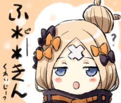 Rule 34 | 1girl, :o, ?, abigail williams (fate), abigail williams (traveling outfit) (fate), bad id, bad pixiv id, black bow, black jacket, blonde hair, blue eyes, blush, bow, commentary request, crossed bandaids, engiyoshi, fate/grand order, fate (series), hair bow, hair bun, jacket, long hair, looking at viewer, official alternate costume, orange bow, parted bangs, parted lips, polka dot, polka dot bow, single hair bun, solo