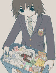 Rule 34 | 1boy, absurdres, avogado6, black eyes, box, collared shirt, commentary, drinking straw, heart-shaped box, highres, holding, long sleeves, looking at object, male focus, necktie, no mouth, original, rejection, school uniform, shirt, short hair, simple background, solo, striped necktie, translation request, trash, trash bag, trash can, wide-eyed