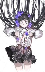 Rule 34 | 1girl, akemi homura, black hair, black hairband, black skirt, chinese commentary, closed eyes, collared shirt, commentary request, cowboy shot, cropped legs, duya (ehouhouohahaha), facing viewer, floating hair, flower, hair flower, hair ornament, hairband, highres, hollow body, long hair, long sleeves, mahou shoujo madoka magica, mahou shoujo madoka magica (anime), open clothes, open shirt, plaid, plaid skirt, puffy long sleeves, puffy sleeves, purple flower, shirt, simple background, skirt, smile, solo, standing, unzipping, white background, white shirt