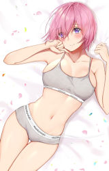 Rule 34 | 1girl, alternate costume, bed sheet, boyshort panties, bra, breasts, cherry blossoms, closed mouth, clothes writing, collarbone, eyes visible through hair, fate/grand order, fate (series), flower, from above, glasses, hair over one eye, highres, lying, mash kyrielight, medium breasts, on bed, petals, pink hair, purple eyes, sheet grab, short hair, smile, sports bra, thighs, uiri-na, underwear, underwear only