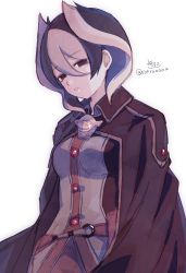 Rule 34 | 1girl, absurdres, black cape, black eyes, black hair, breasts, cape, collared jacket, grey hair, grey jacket, hair between eyes, highres, jacket, looking at viewer, made in abyss, medium breasts, multicolored hair, o-ring, ozen, parted lips, signature, simple background, sofra, solo, twitter username, two-tone hair, white background
