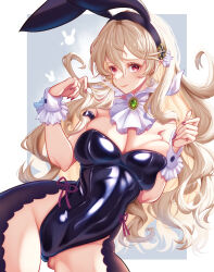 Rule 34 | 1girl, animal ear headwear, animal ears, artist name, bare shoulders, black leotard, blonde hair, breasts, cleavage, closed mouth, commentary request, corrin (female) (fire emblem), corrin (fire emblem), detached collar, fake animal ears, fire emblem, fire emblem fates, frills, gluteal fold, hair between eyes, highres, karashino, large breasts, leotard, long hair, nail polish, nintendo, playboy bunny, pointy ears, rabbit ears, red eyes, red nails, signature, solo, strapless, strapless leotard, wavy hair, wrist cuffs