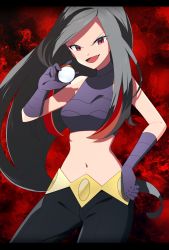 Rule 34 | 1girl, bad id, bad pixiv id, bare shoulders, black pants, breasts, cowboy shot, creatures (company), crop top, fang, female focus, frontier brain, game freak, gloves, grey hair, hand on own hip, hand up, happy, highres, holding, holding poke ball, letterboxed, long hair, looking at viewer, lucy (pokemon), medium breasts, midriff, navel, nintendo, open mouth, pants, poke ball, poke ball (basic), pokemon, pokemon emerald, pokemon rse, purple gloves, purple shirt, red background, red eyes, shirt, sleeveless, sleeveless shirt, smile, solo, standing, very long hair, yuihico