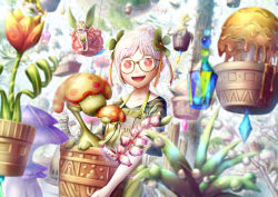 Rule 34 | 1girl, :d, absurdres, blurry, blurry background, carrying, fairy, fantasy, floating, floating object, flower, flower box, gem, glasses, greenhouse, hair ornament, highres, kokorin, open mouth, original, pale skin, pink eyes, plant, potted plant, red eyes, short hair, smile, standing, third eye, tree, white hair, yellow-framed eyewear